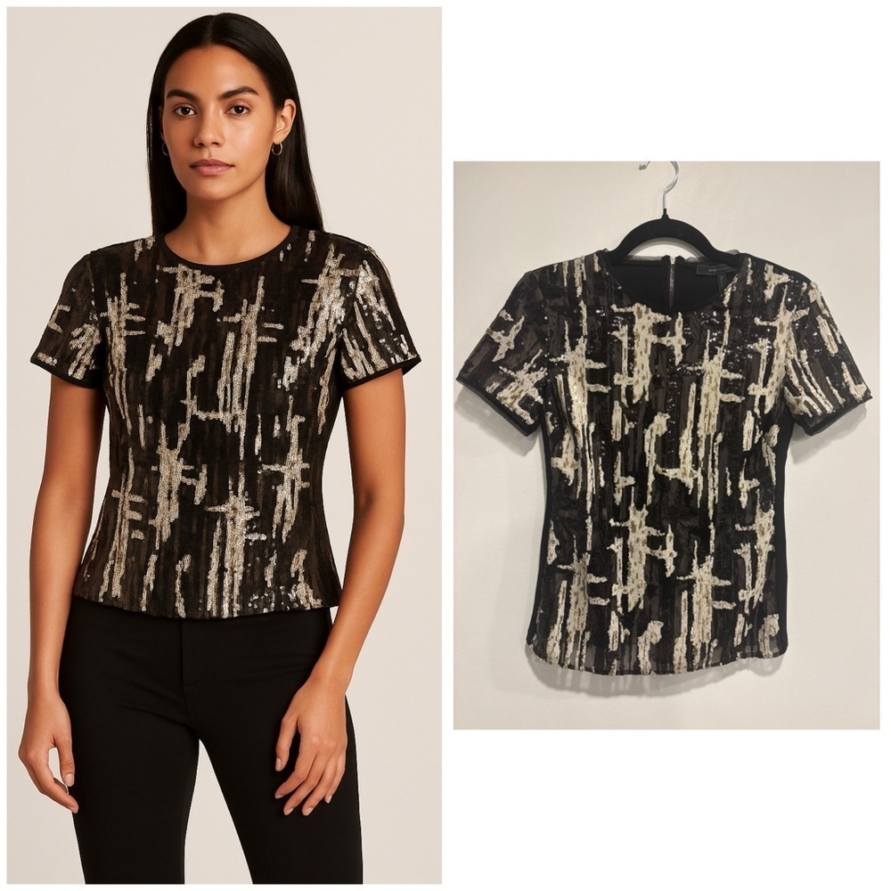 BCBGMAXAZRIA Black Gold Sequin Short Sleeve Top XS Holiday Party Look